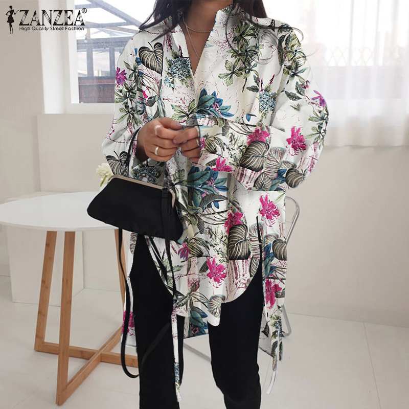 Stylish Solid Shirts Women&#39;s Asymmetrical Blouse 2022 ZANZEA Casual Lace Up Blusas Female Button Lapel Shirt Oversized Tunic