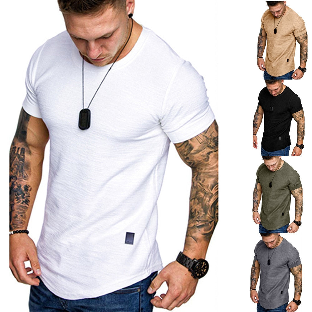 New Men&#39;s T-shirt Slim Fit O-neck Short Sleeve Muscle Fitness Casual Hip Hop Cotton Top Summer Fashion Basic T-shirt Large Size