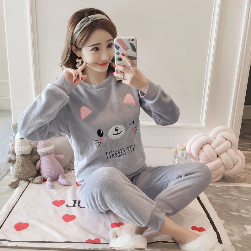 2021 Autumn Winter Pajamas Set Women Sleep Shirt & Pant Set Sleepwear Warm Flannel Nightgown Female Cartoon Bear Animal Pijamas