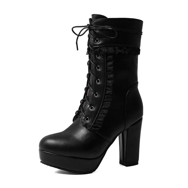 Gdgydh 2022 Autumn Winter Short Boots For Women High Hoof Heels Lace-up Ankle Strap Buckles Female Ankle Boots Fashion Ruffles