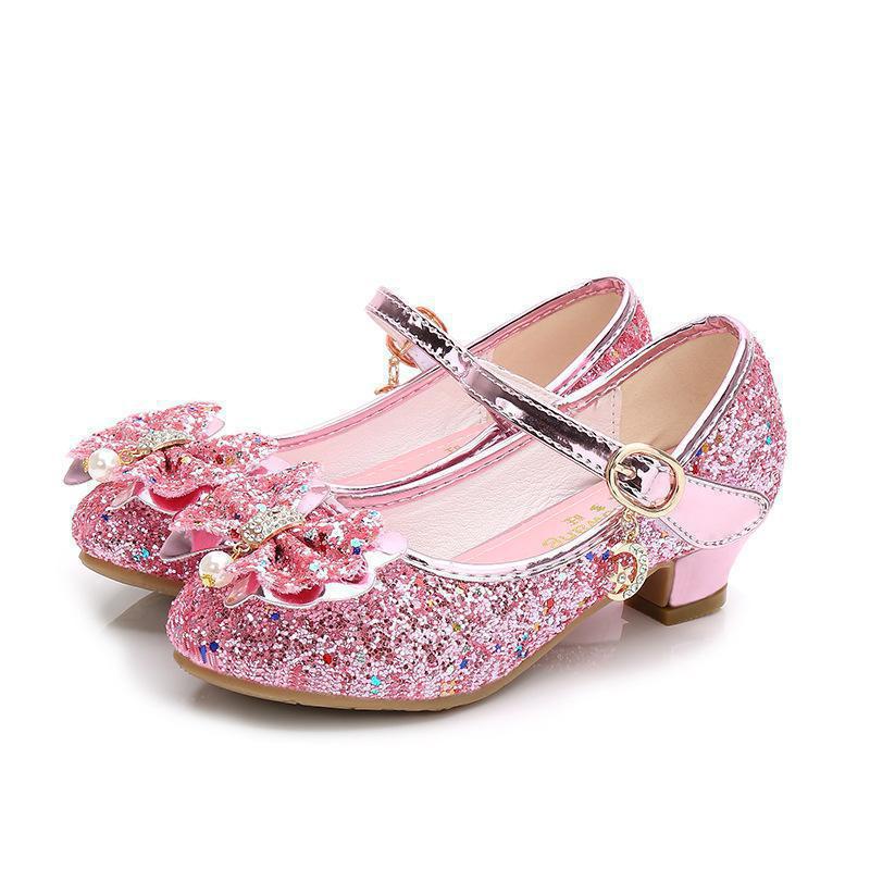 Princess Kids Leather Shoes For Girls Flower Casual Glitter Children High Heel Girls Shoes Butterfly Knot Blue Pink Silver