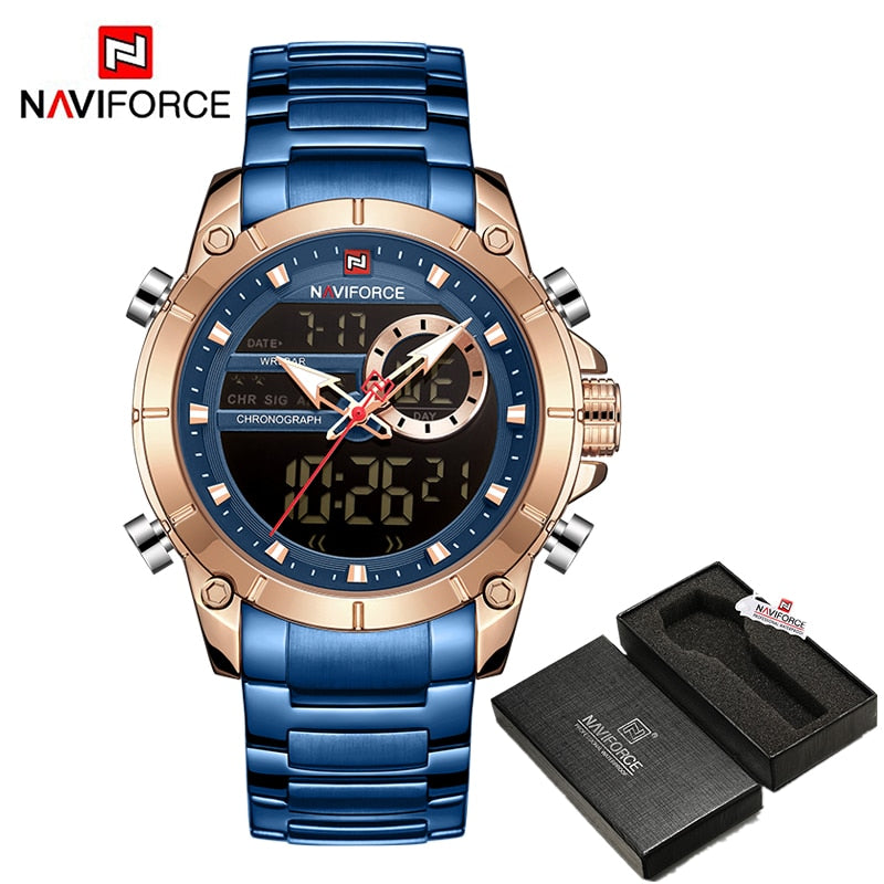 NAVIFORCE Luxury Original Sports Wrist Watch For Men Gold Quartz Steel Waterproof Dual Display Watches Relogio Masculino 9163