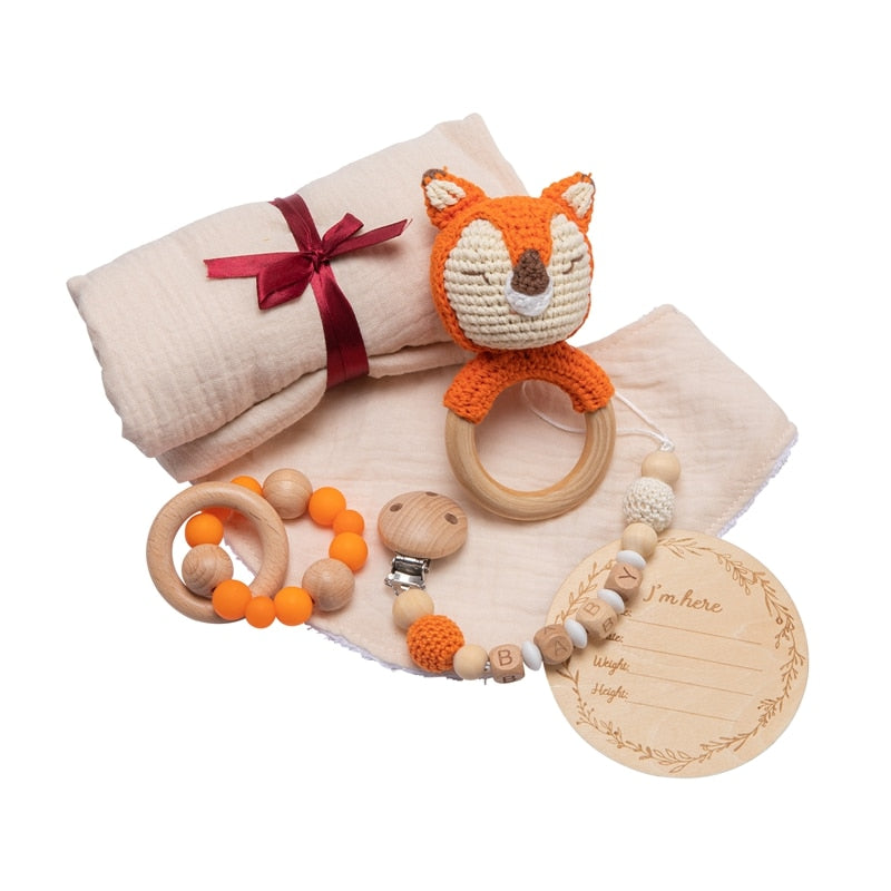 1Set Baby Bath Toy Set  Baby Bath Towel Wooden Rattle Bracelet Crochet Rattles Toys Infant Bath Products Newborn Bed Bell