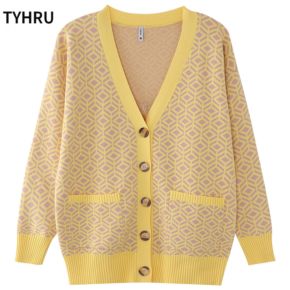 TYHRU Women&#39;s Knitting Sweater Color Matching Diamond Lattice Single-Breasted Buttons Loose Casual Knitted Cardigan Sweaters