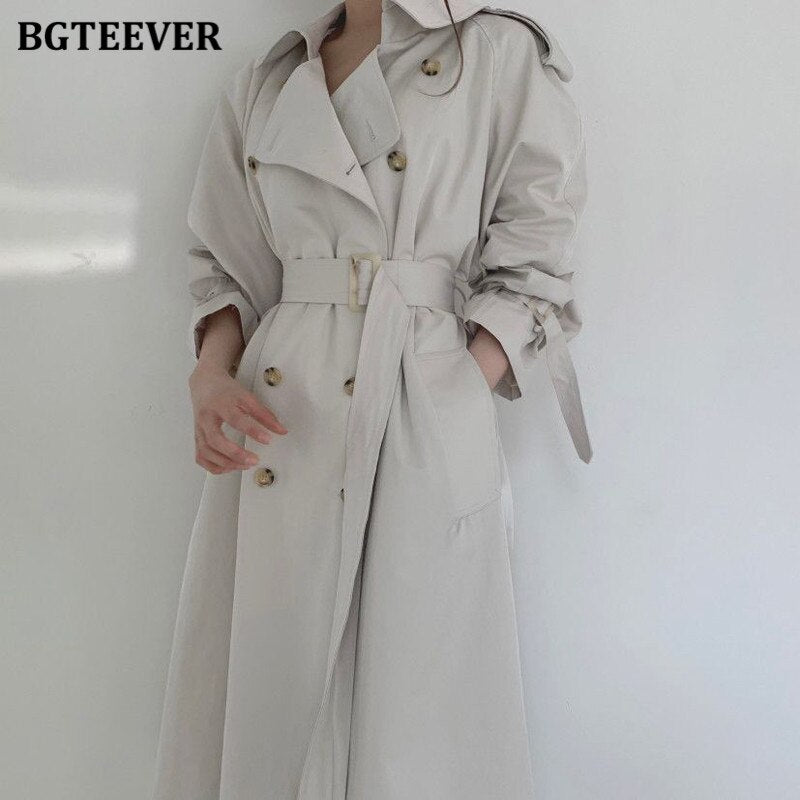 BGTEEVER Autumn Winter Elegant Double Breasted Women Long Trench Coats Long Sleeve Loose Belted Split Female Blue Windbreaker