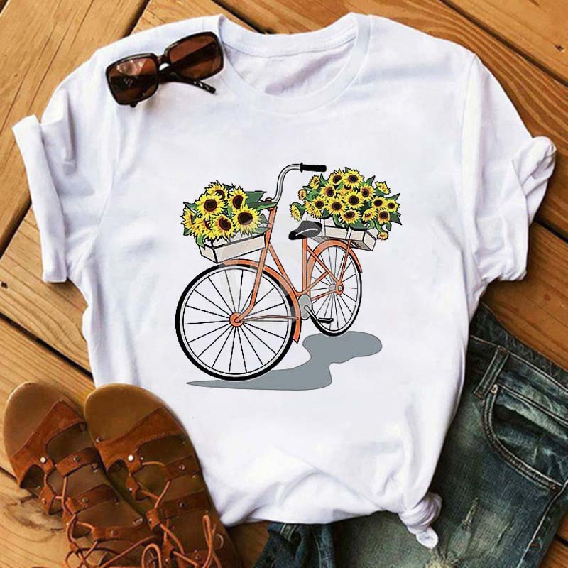 Maycaur New Funny Bicycle with Sunflower Women Tshirt Summer Harajuku Short Sleeve White T Shirts Cartoon Casual Woman Tops Tees