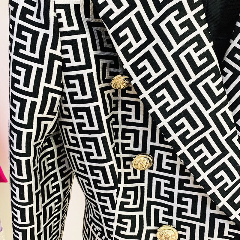 HIGH STREET Newest Designer Jacket Women&#39;s Double Breasted Lion Buttons Geometrical Jacquard Blazer