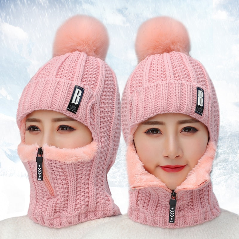 Coral Fleece Winter Women Knitted Hats Add Fur Warm Winter Hats For Women With Zipper Keep Face Warmer Balaclava Pompoms Cap