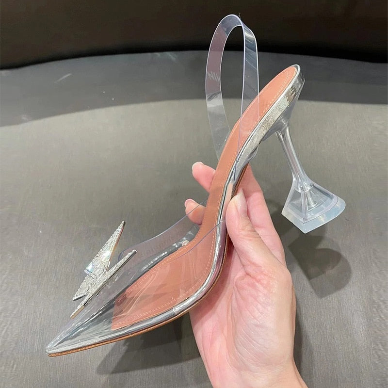 2021 New Pointed Transparent Sandals Women&#39;s Bun Water Drill Bow Wine Glass Heels