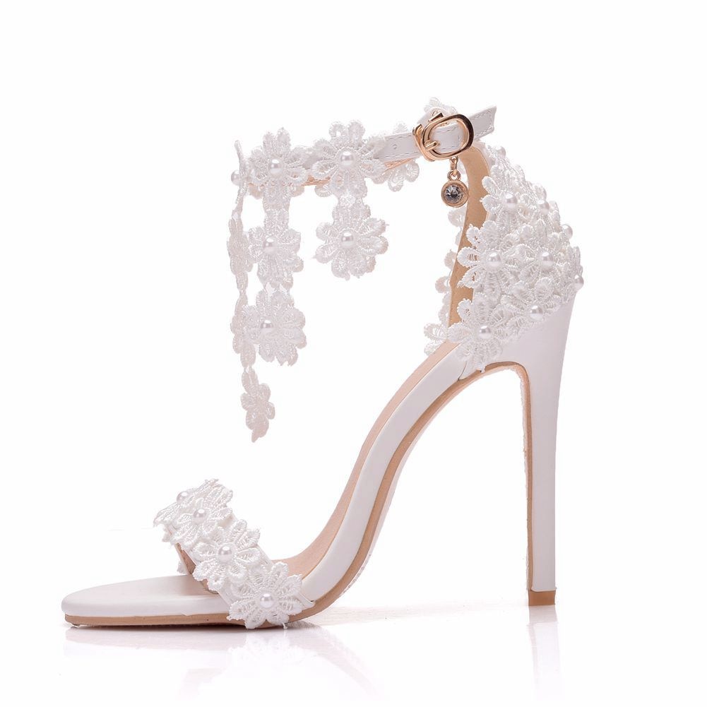 Crystal Queen Women Ankle Strap Sandals White Lace Flowers Pearl Tassel  Super Stiletto High Heels Slender Bridal Wedding Shoes