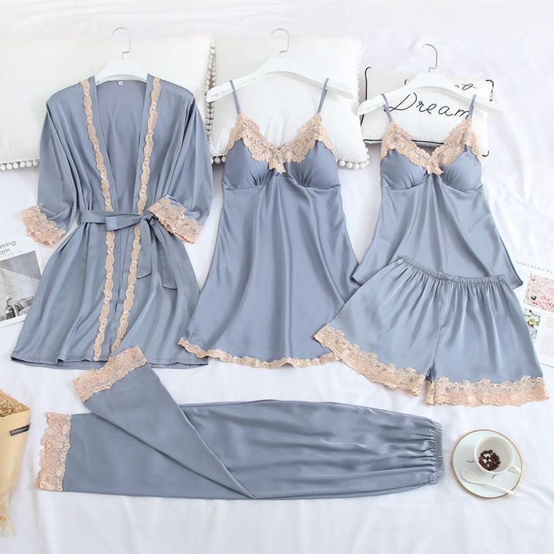 5PC Silk Robe Sleep Suit Womens Lace Satin Pajamas Gown Set V-Neck Cami Nighties Wear Pijama Home Nightwear Spring Nightdress