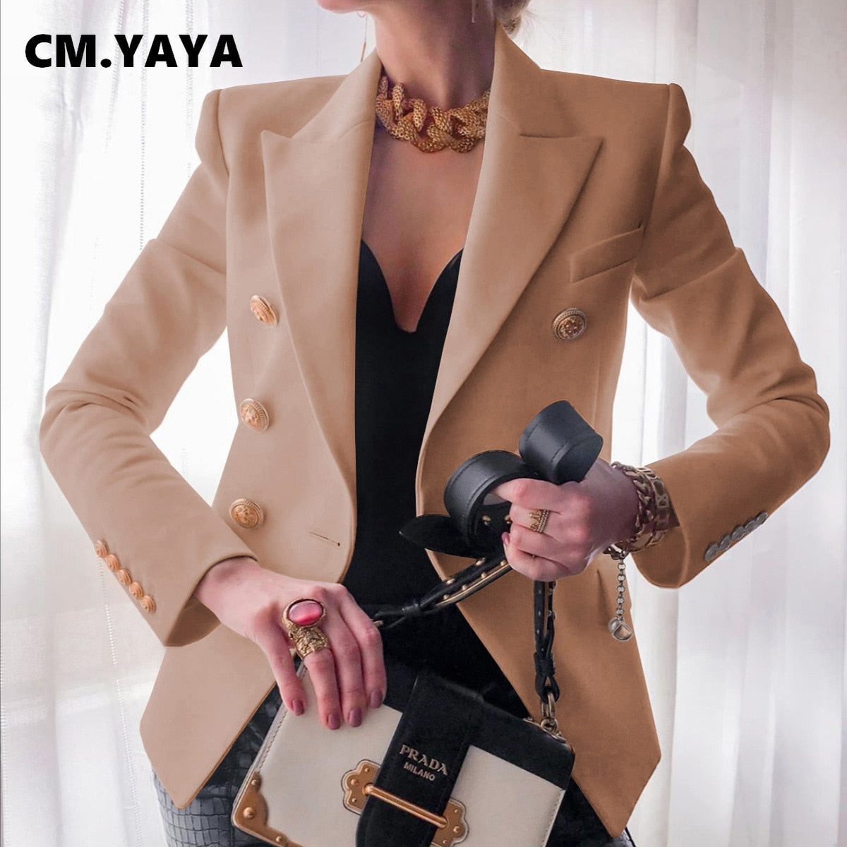 CM.YAYA Women Blazer Solid Full Sleeve Double Breasted Slim Casual Blazers Female Fashion High Streetwear Summer 2021