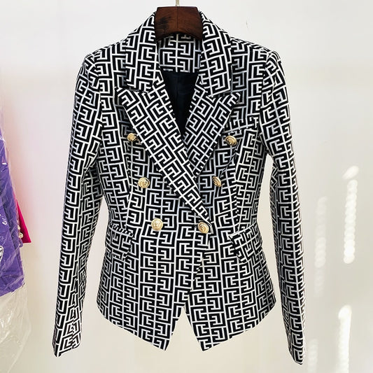 HIGH STREET Newest Designer Jacket Women&#39;s Double Breasted Lion Buttons Geometrical Jacquard Blazer