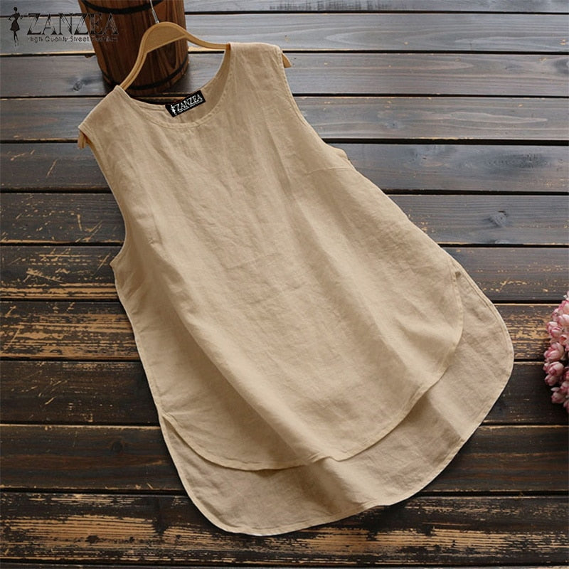 Women's Irregular Blouse ZANZEA 2022  Tanks Tops Casual Linen Blusas Female Sleeveless Chemise Summer Tee Shirts