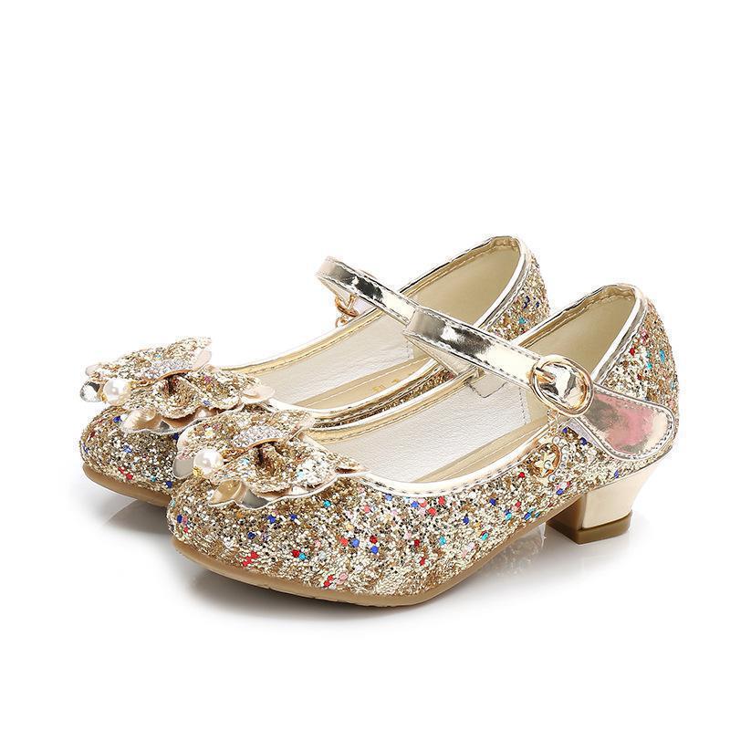 Princess Kids Leather Shoes For Girls Flower Casual Glitter Children High Heel Girls Shoes Butterfly Knot Blue Pink Silver