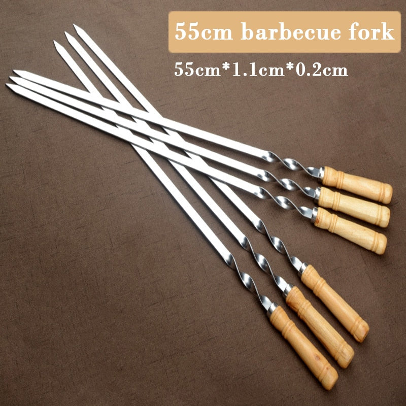 55cm 21.5" BBQ Skewers Long Handle Shish Kebab Barbecue Grill Stick Wood BBQ Fork Stainless steel Outdoors Grill Needle 6-12pcs