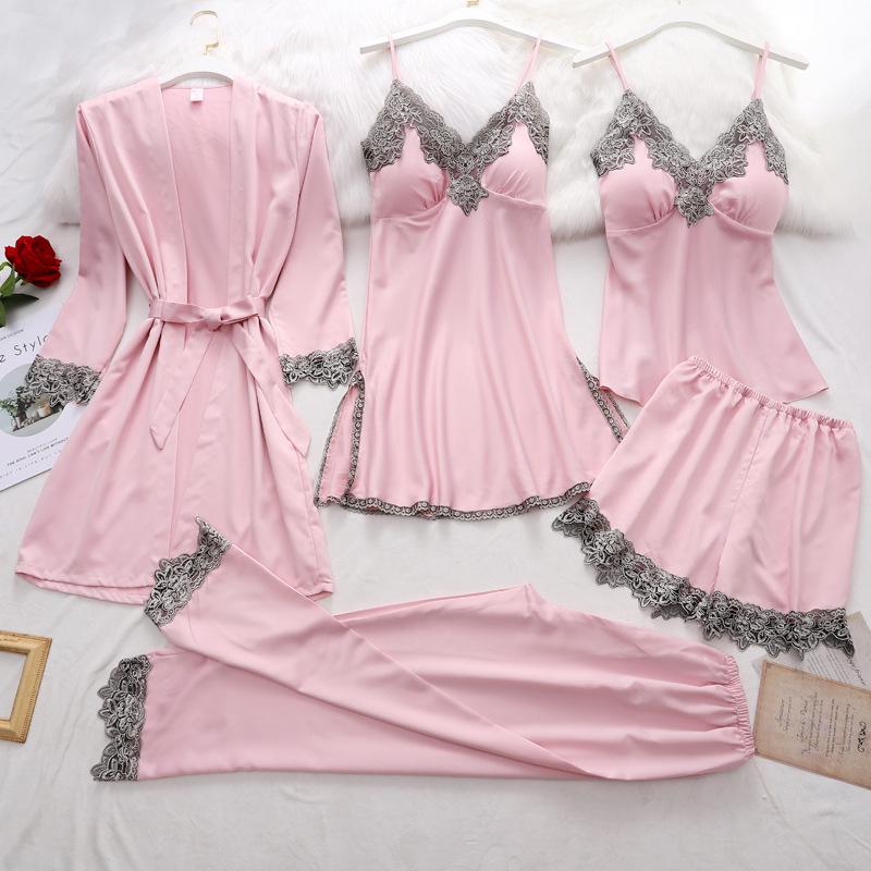 Women Robe Suit Pajamas Nighty&amp;Satin Kimono Bathrobe Gown Nightdress Silky Lace Sleep Set Nightwear Sexy Nightgown