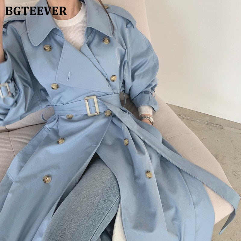 BGTEEVER Autumn Winter Elegant Double Breasted Women Long Trench Coats Long Sleeve Loose Belted Split Female Blue Windbreaker