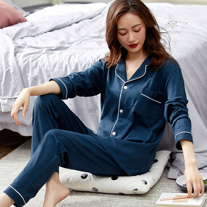 100% Cotton Pajamas for Women PJ Full Sleeves Pijama Mujer Invierno Button-Down Winter Sleepwear Set Women White Cotton Pyjamas