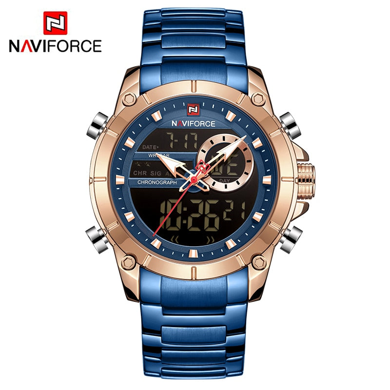 NAVIFORCE Luxury Original Sports Wrist Watch For Men Gold Quartz Steel Waterproof Dual Display Watches Relogio Masculino 9163