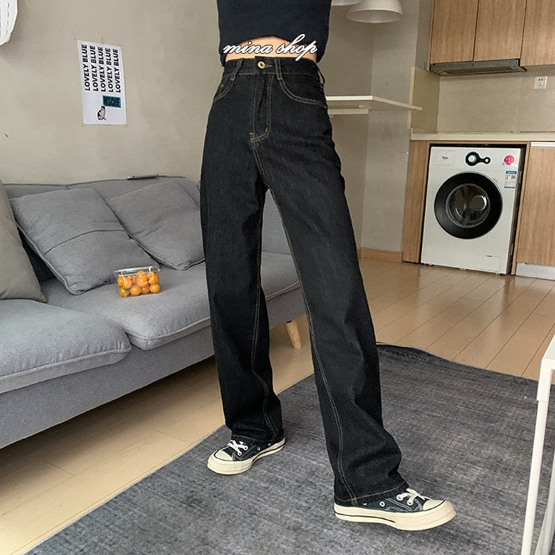 Vintage High Waist Women Black Jeans Korean Fashion Streetwear Wide Leg Jean Female Denim Trouser Straight Baggy Mom Denim Pants