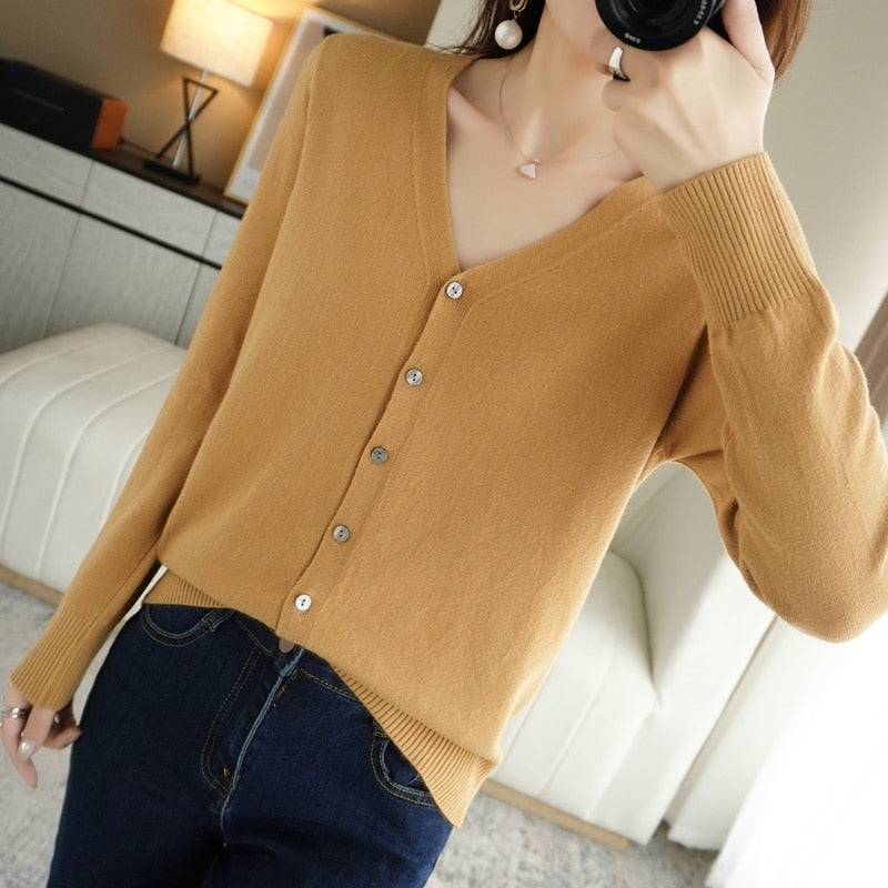 Spring Autumn New V-Neck Knitted Cardigan Women&#39;s Loose Large Size Thin Sweater All-Match Jacket Pure Color Basic Small Cardigan