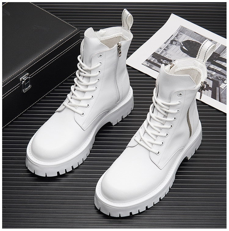 British Fashion Mens White Chelsea Boots Trending High Top Male Height Increasing Platform Short Mid Calf Motorcycle Botas 38-44