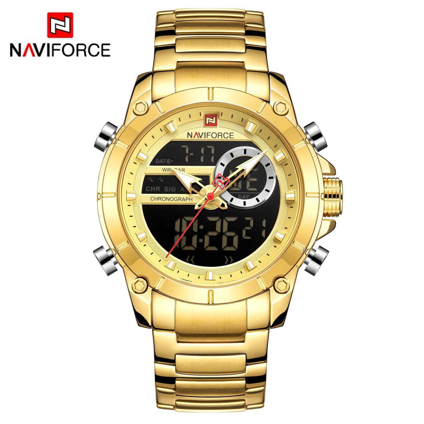 NAVIFORCE Luxury Original Sports Wrist Watch For Men Gold Quartz Steel Waterproof Dual Display Watches Relogio Masculino 9163