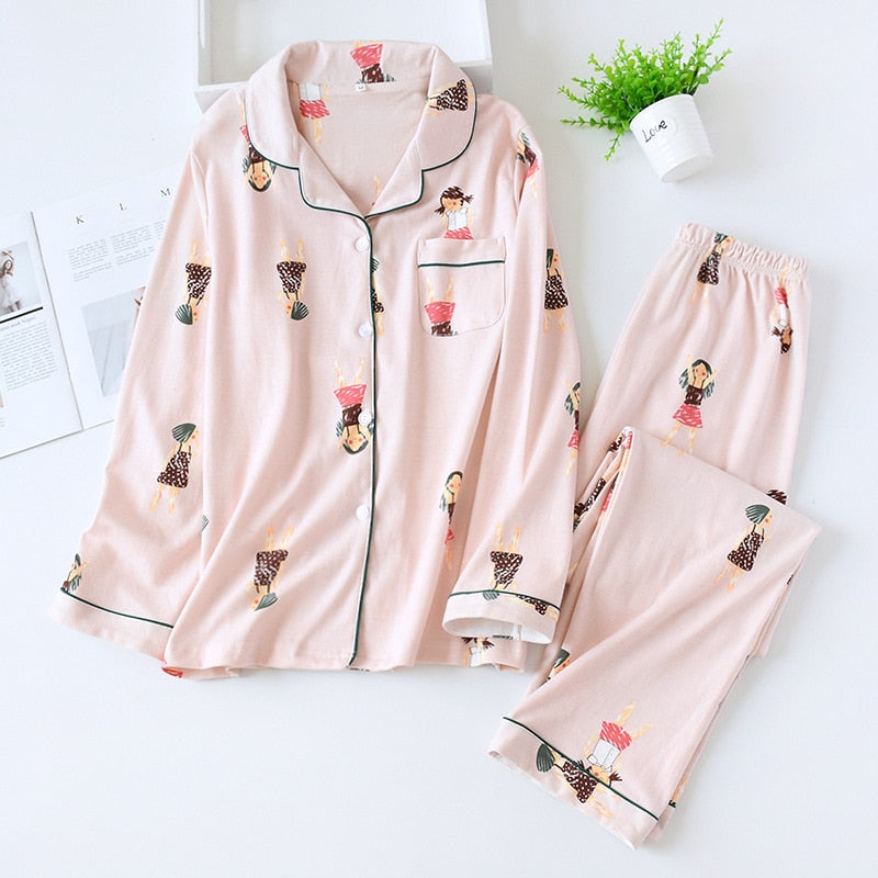 2022 Spring Leaves Printed Women&#39;s Pajama Cotton Plus Size Two-piece Set Brief Fashion Long Sleeve Home Clothes Female Sleepwear