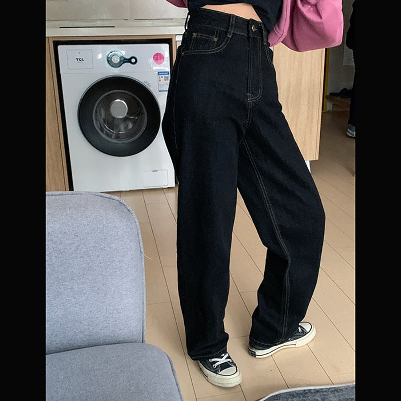 Vintage High Waist Women Black Jeans Korean Fashion Streetwear Wide Leg Jean Female Denim Trouser Straight Baggy Mom Denim Pants