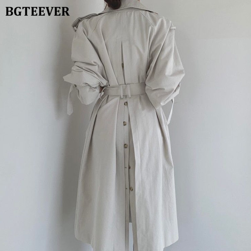 BGTEEVER Autumn Winter Elegant Double Breasted Women Long Trench Coats Long Sleeve Loose Belted Split Female Blue Windbreaker