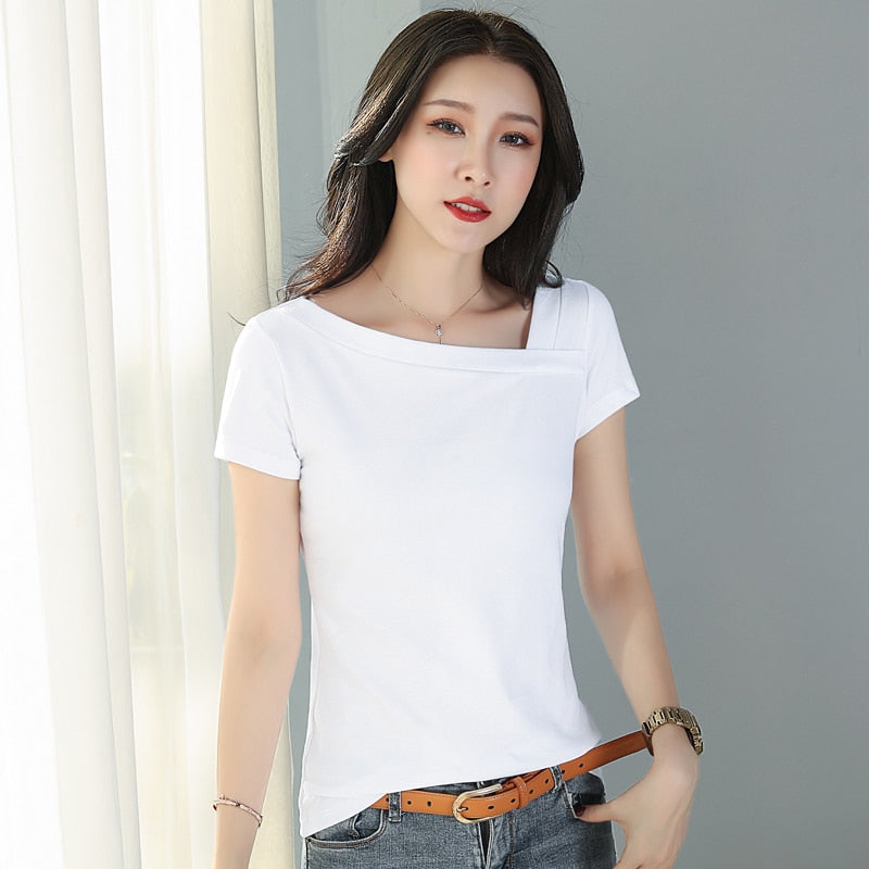 Women Sweetshirts Short sleeve womens clothing Black white T-shirts for girls Skew collar summer clothes Design Woman clothes