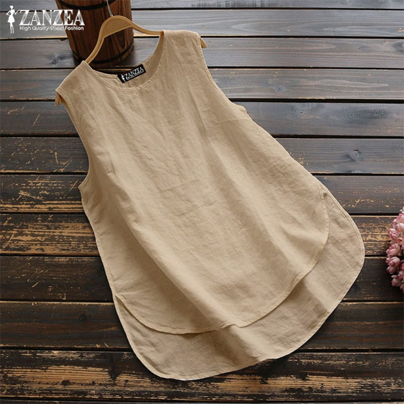 Women's Irregular Blouse ZANZEA 2022  Tanks Tops Casual Linen Blusas Female Sleeveless Chemise Summer Tee Shirts