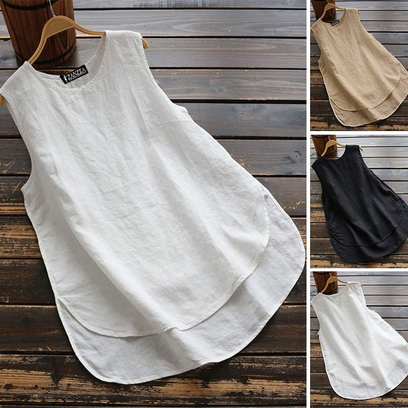 Women's Irregular Blouse ZANZEA 2022  Tanks Tops Casual Linen Blusas Female Sleeveless Chemise Summer Tee Shirts