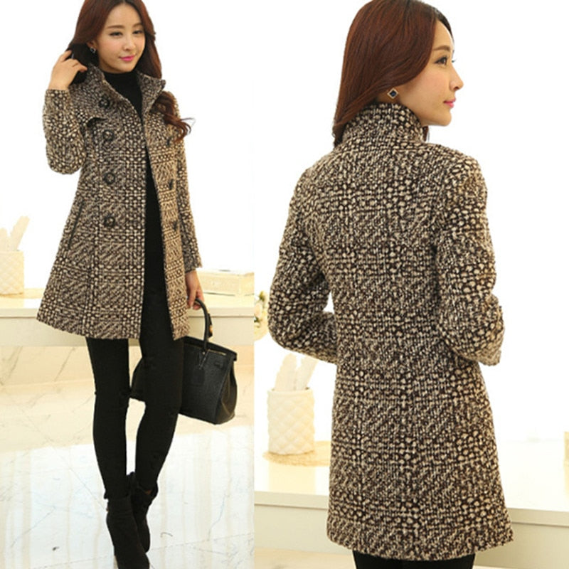 New Women&#39;s Wool Blends Coat Winter Autumn Fashion Elegant Mother Turtleneck Plaid Slim Long Tweed Woolen Outerwear Female