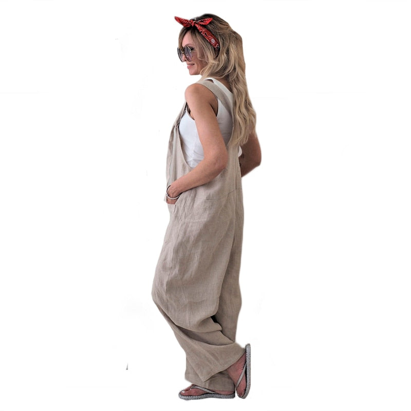 Women Rompers Casual Loose Jumpsuits Baggy Overalls With Pockets Solid Sleeveles Straps Bandage Harem Pants Basic Outfit Clothes