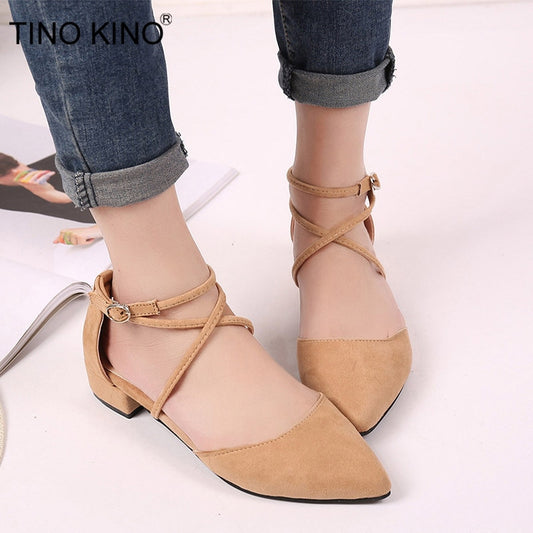 Women Buckle Casual Cross Strap Suede Summer Pumps New 2019 Ladies Pointed Toe Square Low Heels Female Flock Fashion Shoes