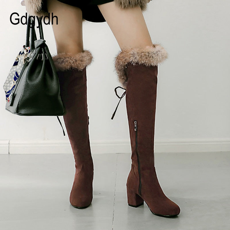 Gdgydh 2022 New Winter Boots Women Real Fur Large Size Snow Boots Ladies Black Square Heels Woman Shoes Over the Knee Boots