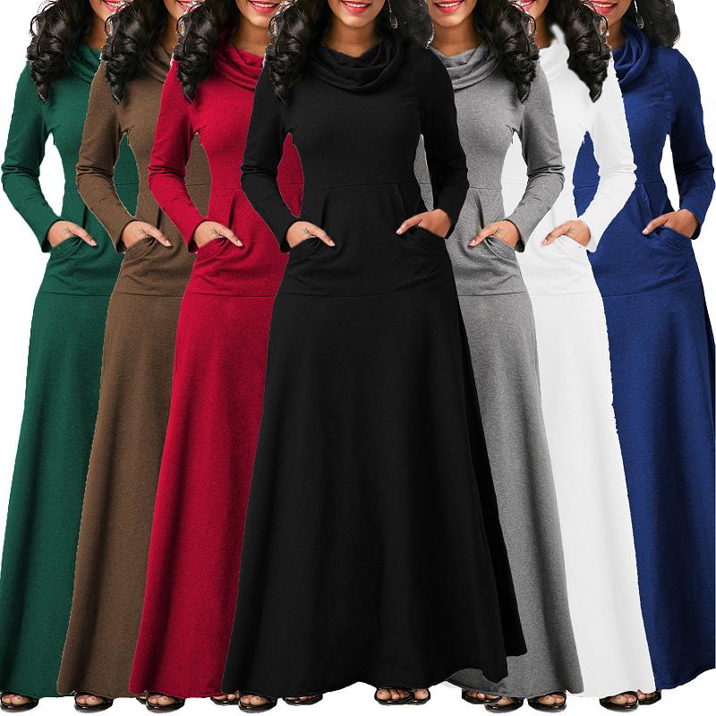 Women Warm Dress With Pocket Casual Solid Vintage Autumn Winter Maxi Dress Robe Bow Neck Long Elegant Dress Vestidos Female Body