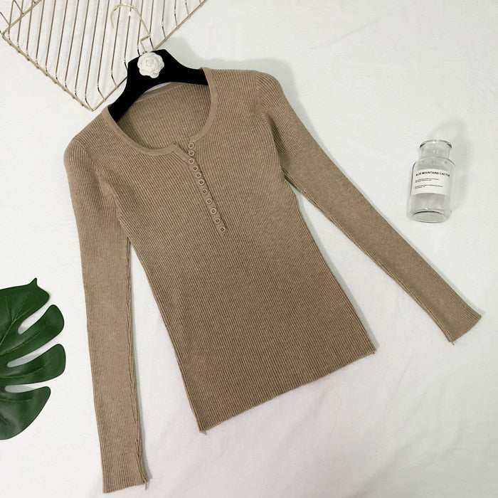 New 2023 Spring Button V Neck Sweater Women Basic Slim Knitted Pullover Women Sweaters And Pullovers Knit Jumper Ladies Sweater