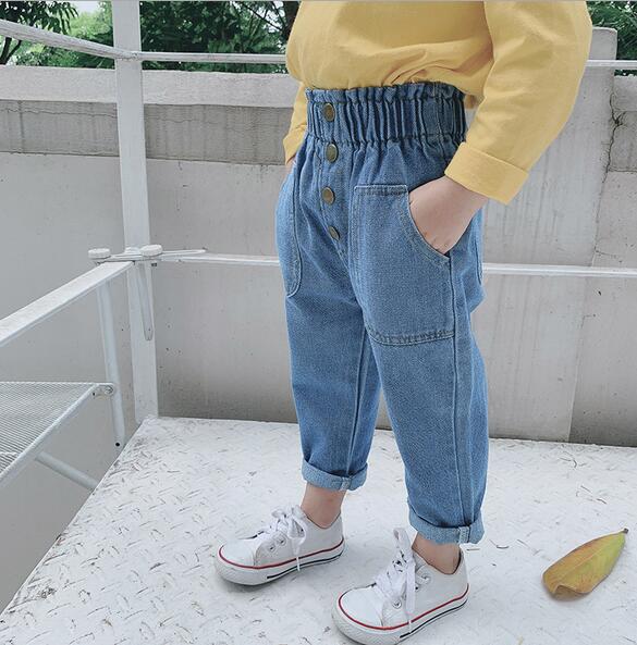 2022 New Arrival Autumn Baby Girls Denim Pants Children Kids Solid Jeans High Waist with Bottons Fashion Cute Girls Jeans