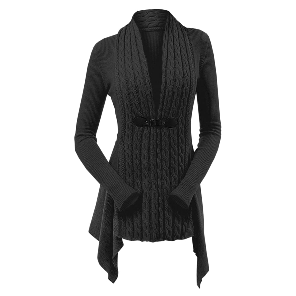 Cable Knit Asymmetrical Long Cardigan Women Sweater Female Casual Solid V-Neck Long Sleeve Winter Cardigans