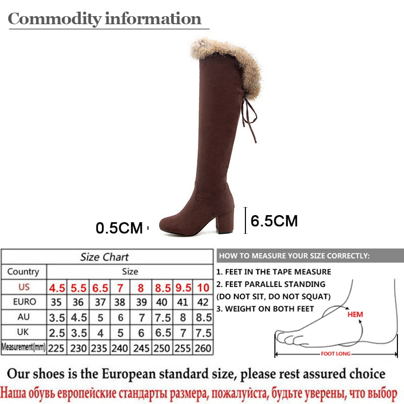 Gdgydh 2022 New Winter Boots Women Real Fur Large Size Snow Boots Ladies Black Square Heels Woman Shoes Over the Knee Boots