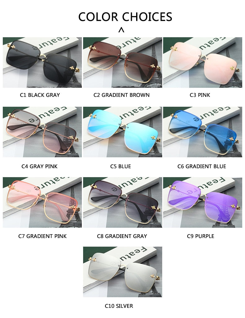 2022 New Fashion Lady Oversize Rimless Square Bee Sunglasses Women Men Small Glasses Gradient Sun Glasses Female UV400