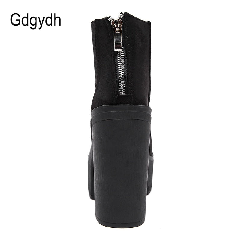 Gdgydh Fashion Black Ankle Boots For Women Thick Heels Spring Autumn Flock Platform Shoes High Heels Black Zipper Ladies Boots