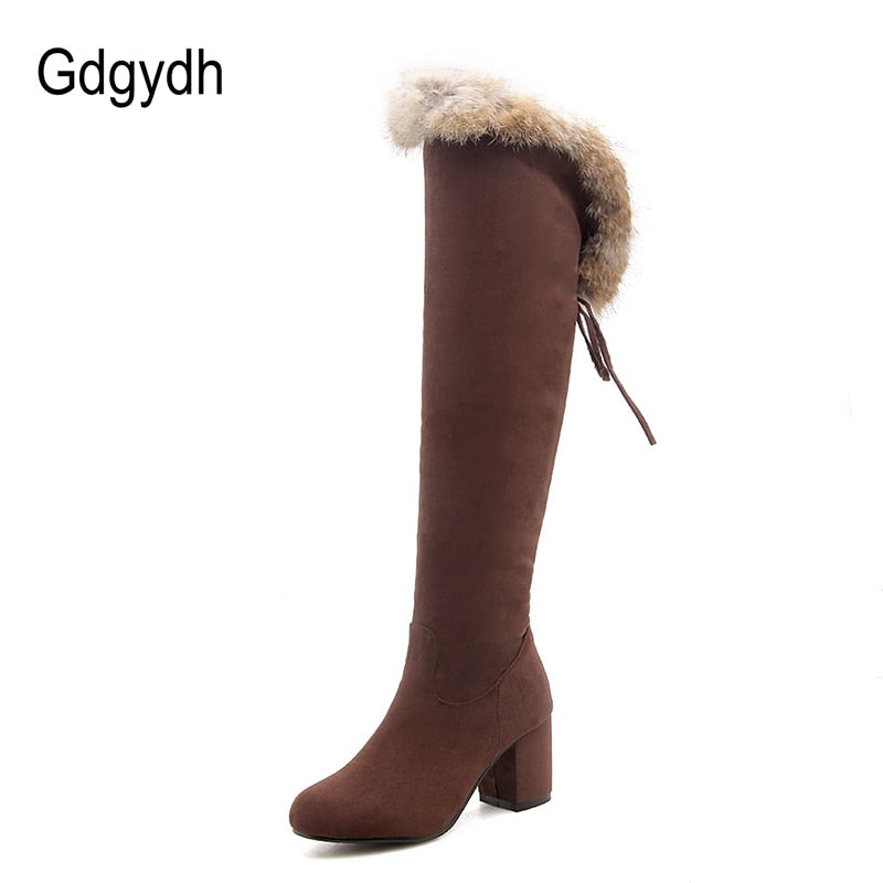 Gdgydh 2022 New Winter Boots Women Real Fur Large Size Snow Boots Ladies Black Square Heels Woman Shoes Over the Knee Boots