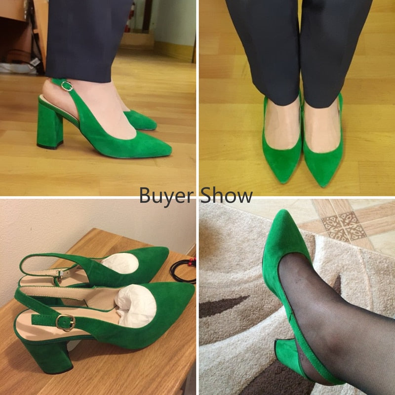 Meotina Women Shoes Kid Suede High Heels Pointed Toe Slingbacks Thick High Heel Pumps Autumn Lady Party Heels Green Beige 34-42