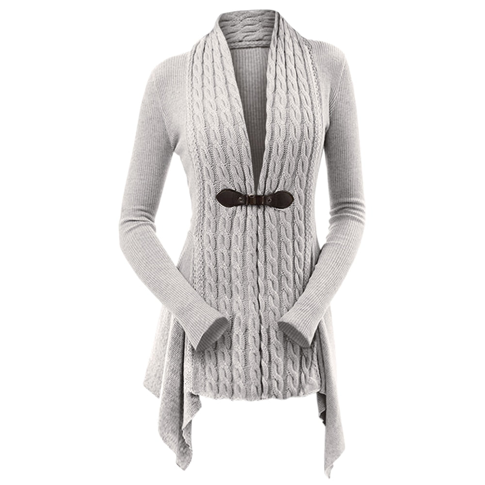 Cable Knit Asymmetrical Long Cardigan Women Sweater Female Casual Solid V-Neck Long Sleeve Winter Cardigans