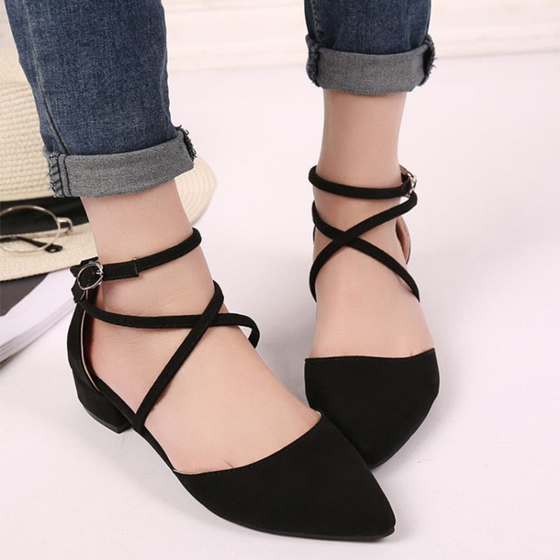 Women Buckle Casual Cross Strap Suede Summer Pumps New 2019 Ladies Pointed Toe Square Low Heels Female Flock Fashion Shoes