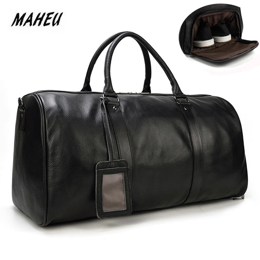 MAHEU Natural Cow Skin Travel Bags Waterproof Men&#39;s Leather Overnight Bags Hand Luggage Men Male Weekend Bag Business Man 55cm